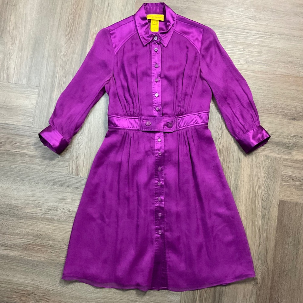 Catherine Malandrino Silk Shirt Dress Womens 6 Purple Button Front Belted Midi